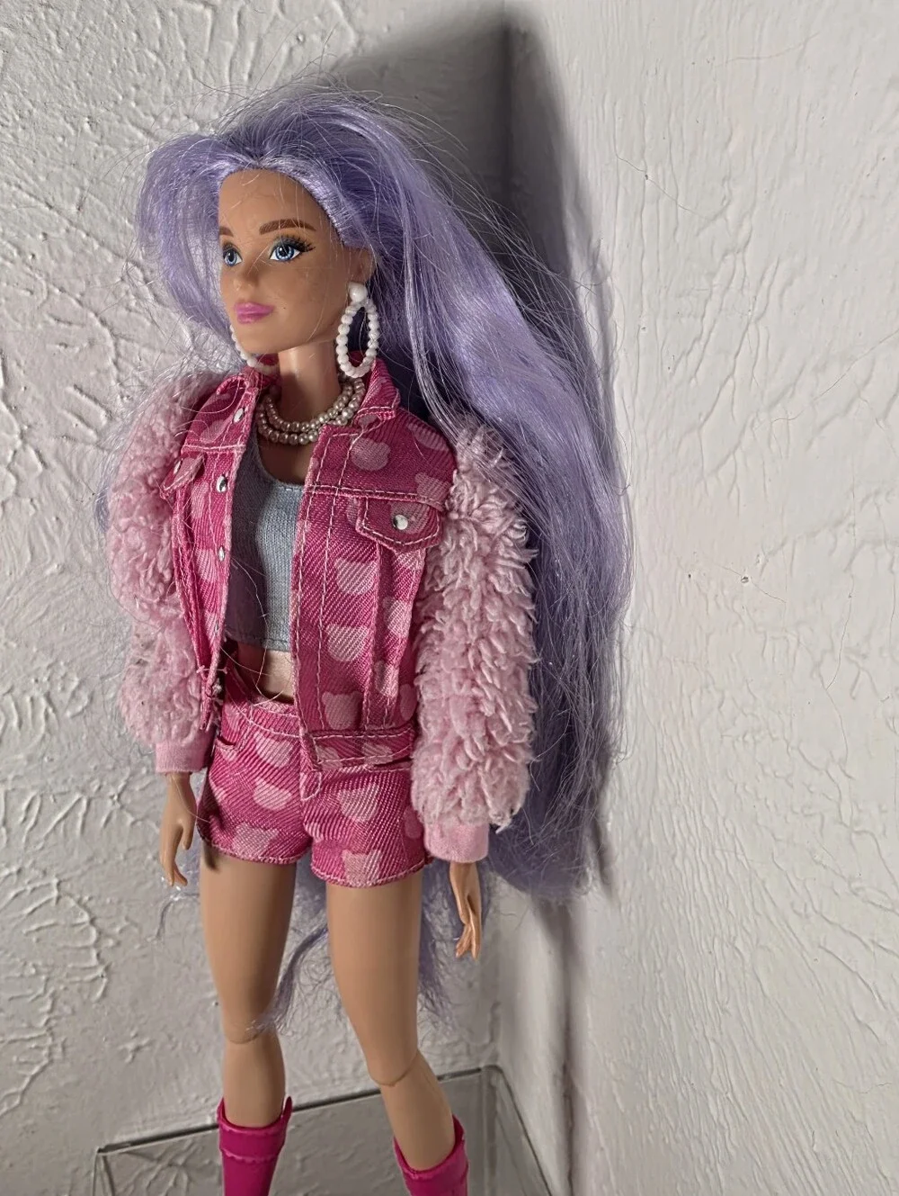 Barbie EXTRA #6 Doll Teddy Bear Print Pink Denim Outfit & Dog - Mattel